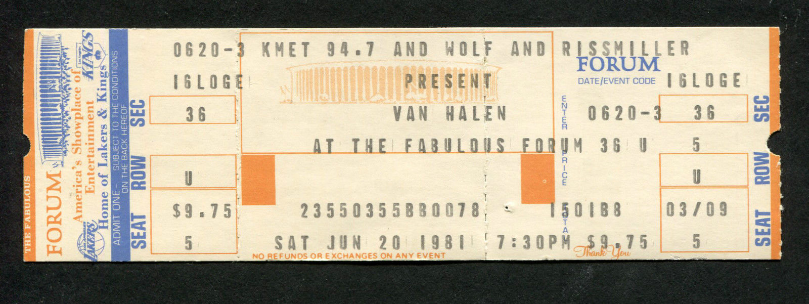 6/20/1981 Van Halen ticket